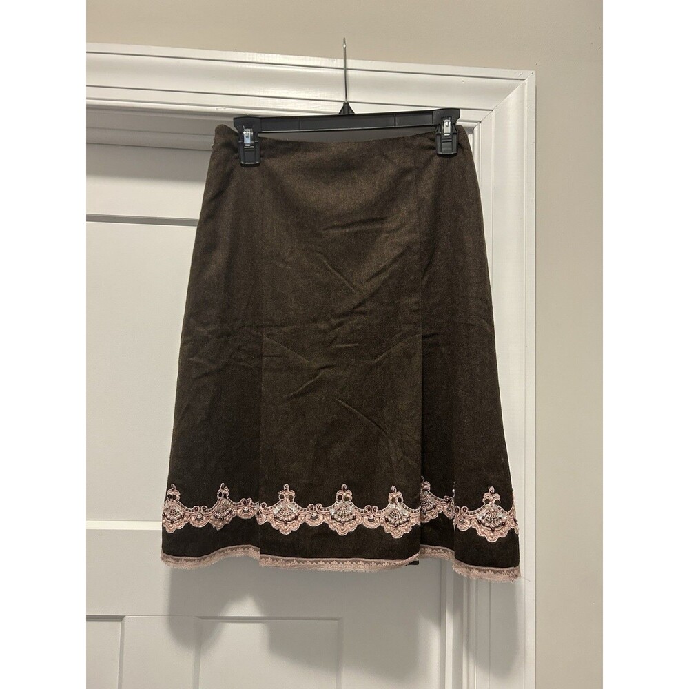 Vintage Y2K EXPRESS Brown Wool Blend Aline Skirt Pink Sequined Lace Trim Size 0